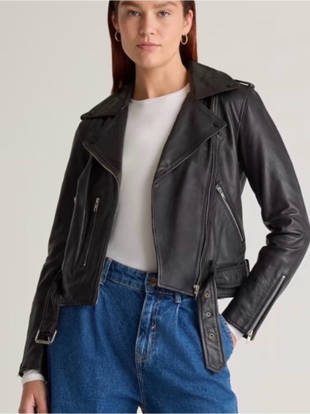 Quince 100% Top-Grain Leather Biker Motorcycle Jacket Black - Size L